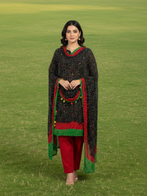 BLACK RED GREEN, CHIFFON 3PC SUIT, FRONT SIDE