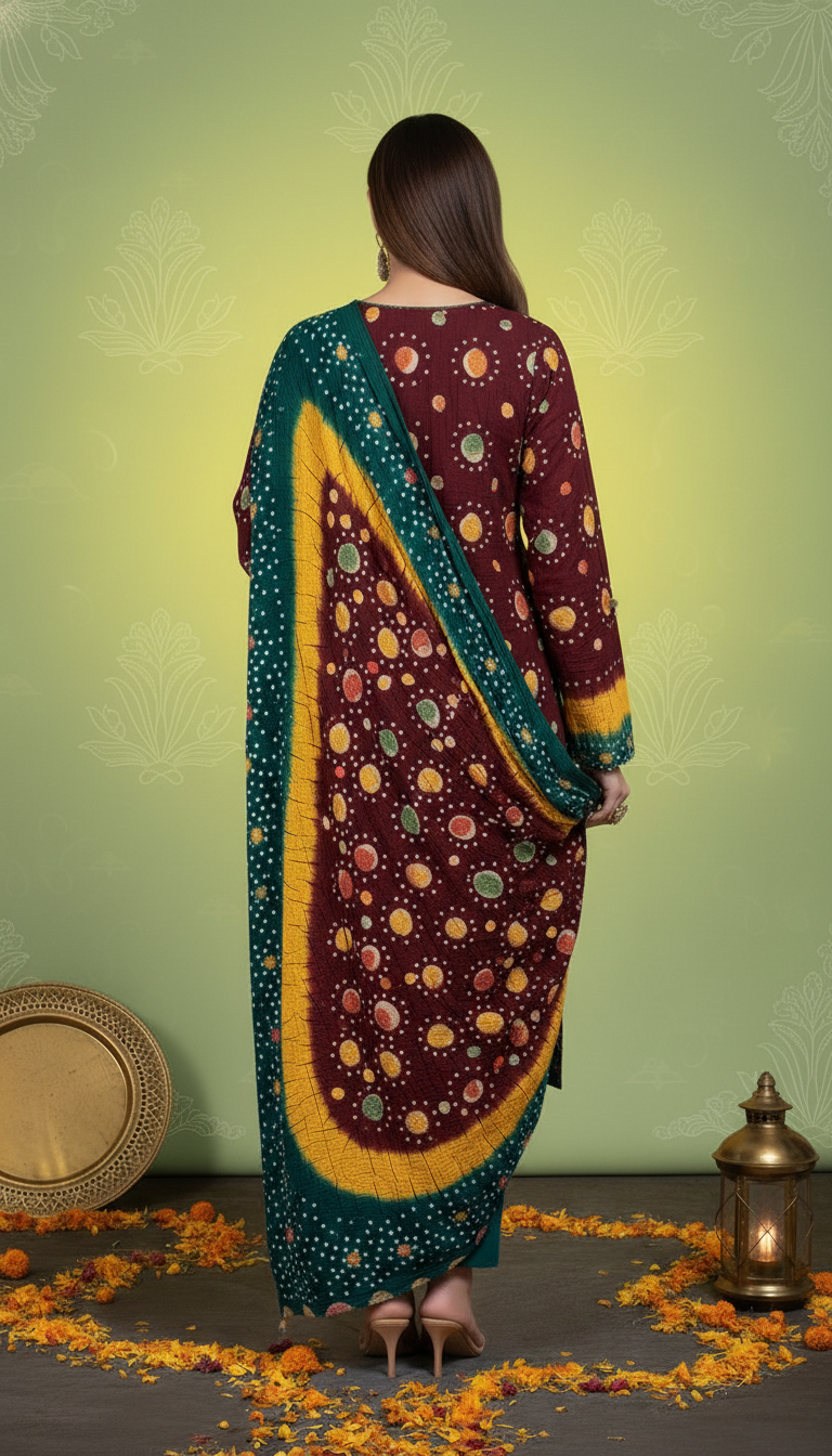 MAROON , YELLOW GREEN, LINEN 3PC SUIT, Back VIEW