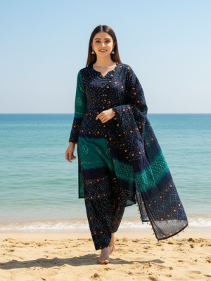 DEEP GREEN & NAVY BLUE, CHIFFON 3PC SUIT, FRONT VIEW