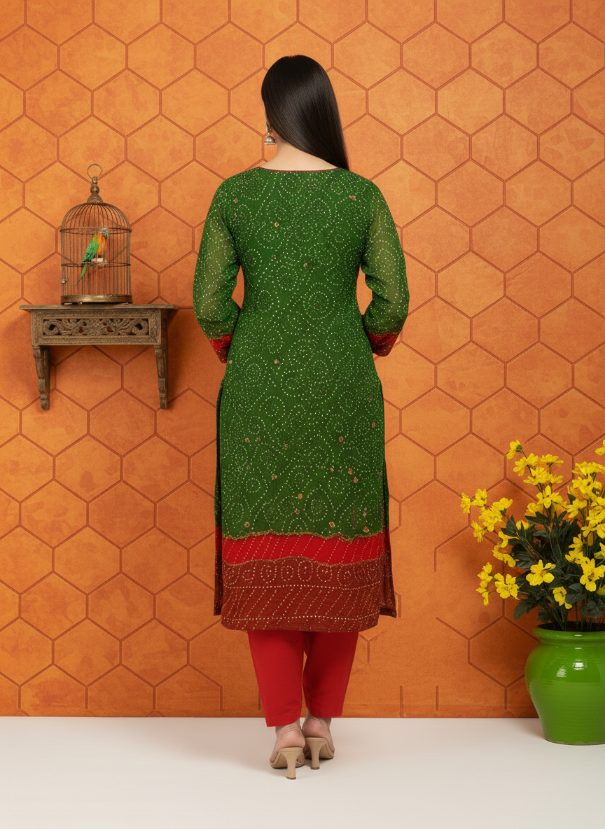 GREEN ORANGE RED PREMIUM CHIFFON 3PC SUIT, BACK VIEW