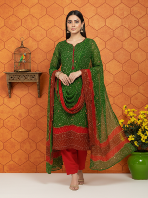 GREEN ORANGE RED PREMIUM CHIFFON 3PC SUIT, FRONT VIEW