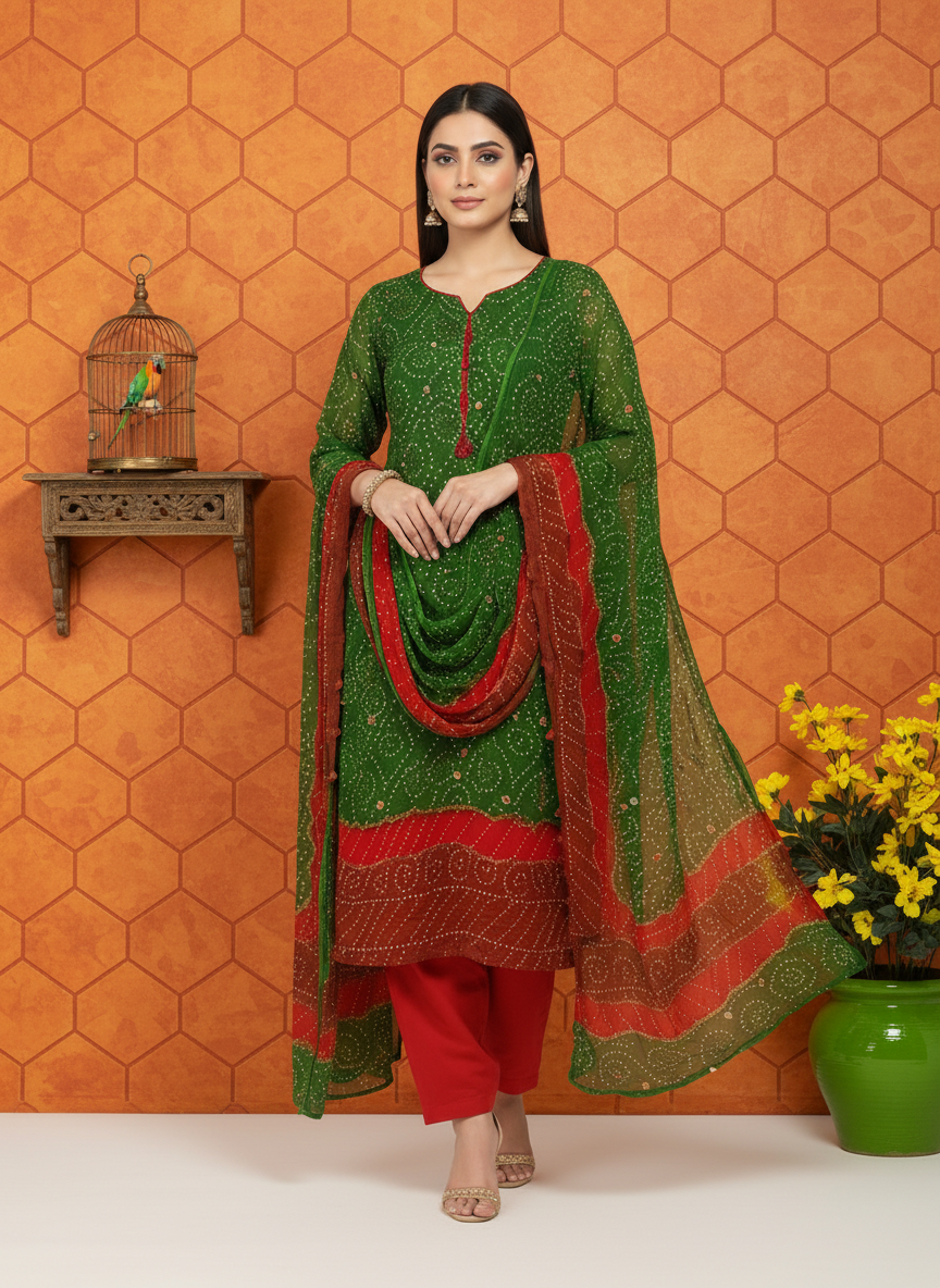 GREEN ORANGE RED PREMIUM CHIFFON 3PC SUIT, FRONT VIEW