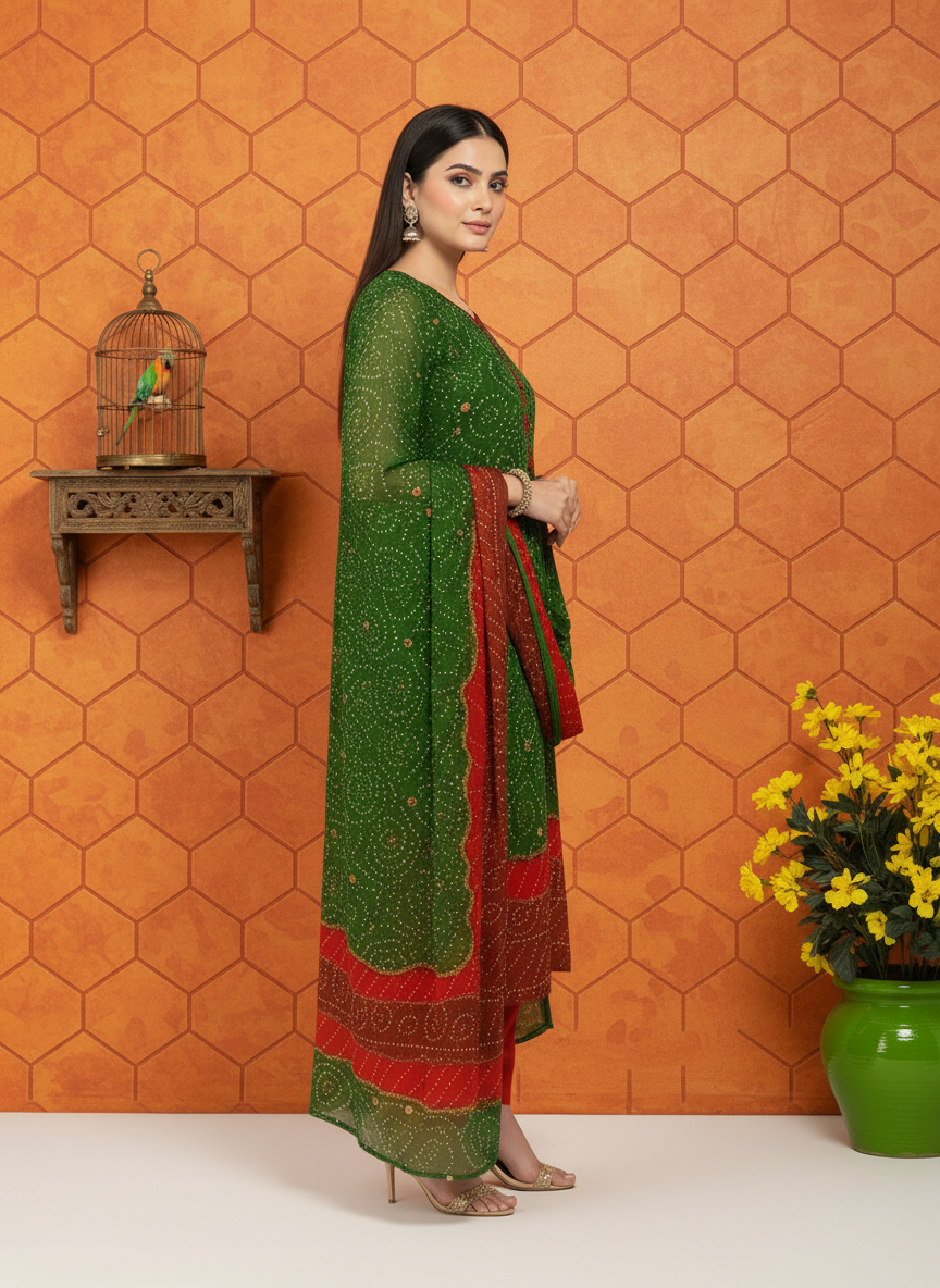 GREEN ORANGE RED PREMIUM CHIFFON 3PC SUIT, SIDE VIEW