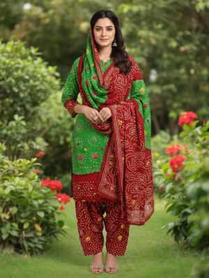GREEN, RED LINEN 3PC SUIT, FRONT VIEW