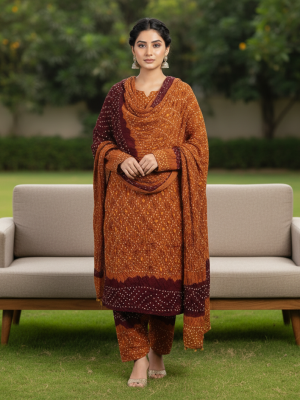 MAROON MUSTARD CHIFFON 3PC SUIT, FRONT VIEW