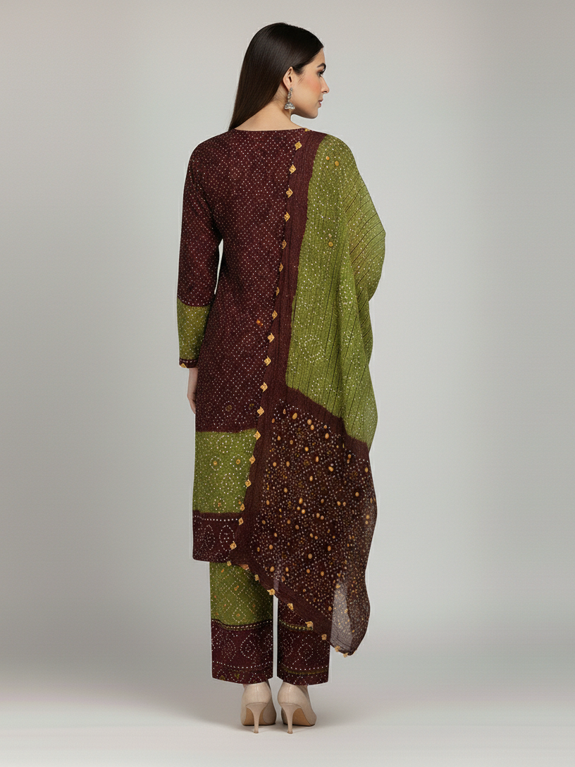 MAROON, OLIVE GREEN CHIFFON 3PC SUIT, BACK VIEW