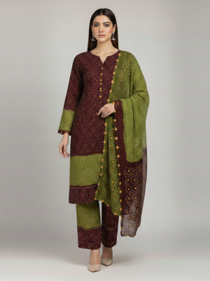 MAROON, OLIVE GREEN CHIFFON 3PC SUIT, FRONT VIEW