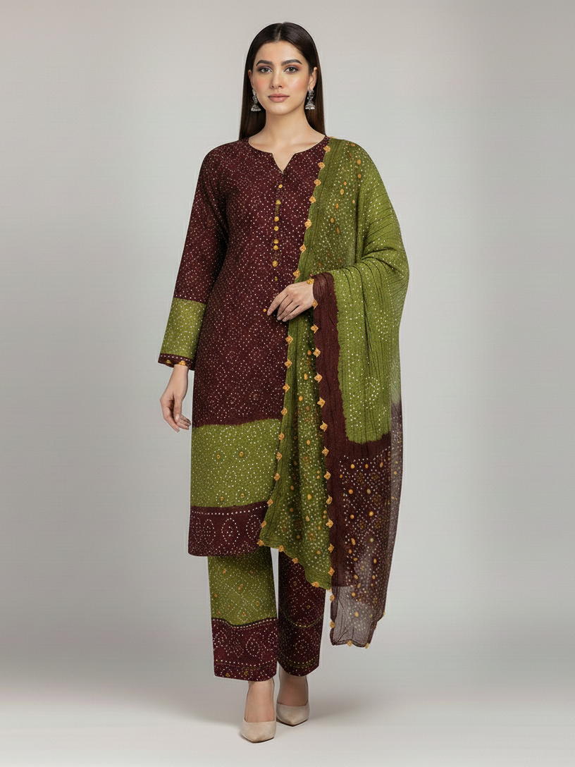 MAROON, OLIVE GREEN CHIFFON 3PC SUIT, FRONT VIEW