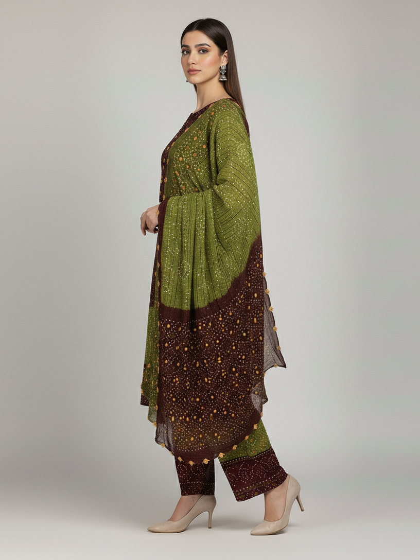 MAROON, OLIVE GREEN CHIFFON 3PC SUIT, SIDE VIEW