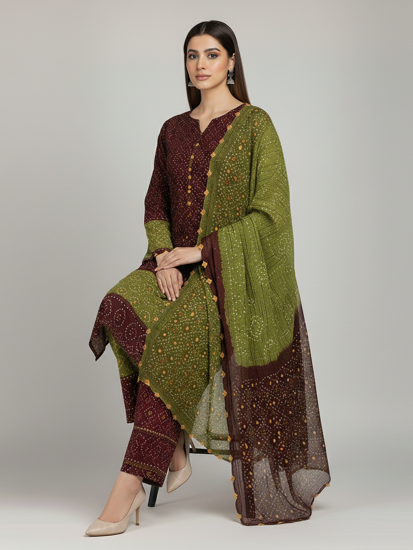 MAROON, OLIVE GREEN CHIFFON 3PC SUIT, SITTING VIEW