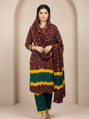 MAROON YELLOW GREEN, CHIFFON 3PC SUIT, FRONT VIEW