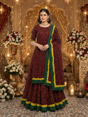 MAROON YELLOW GREEN LEHENGA SET, FRONT VIEW
