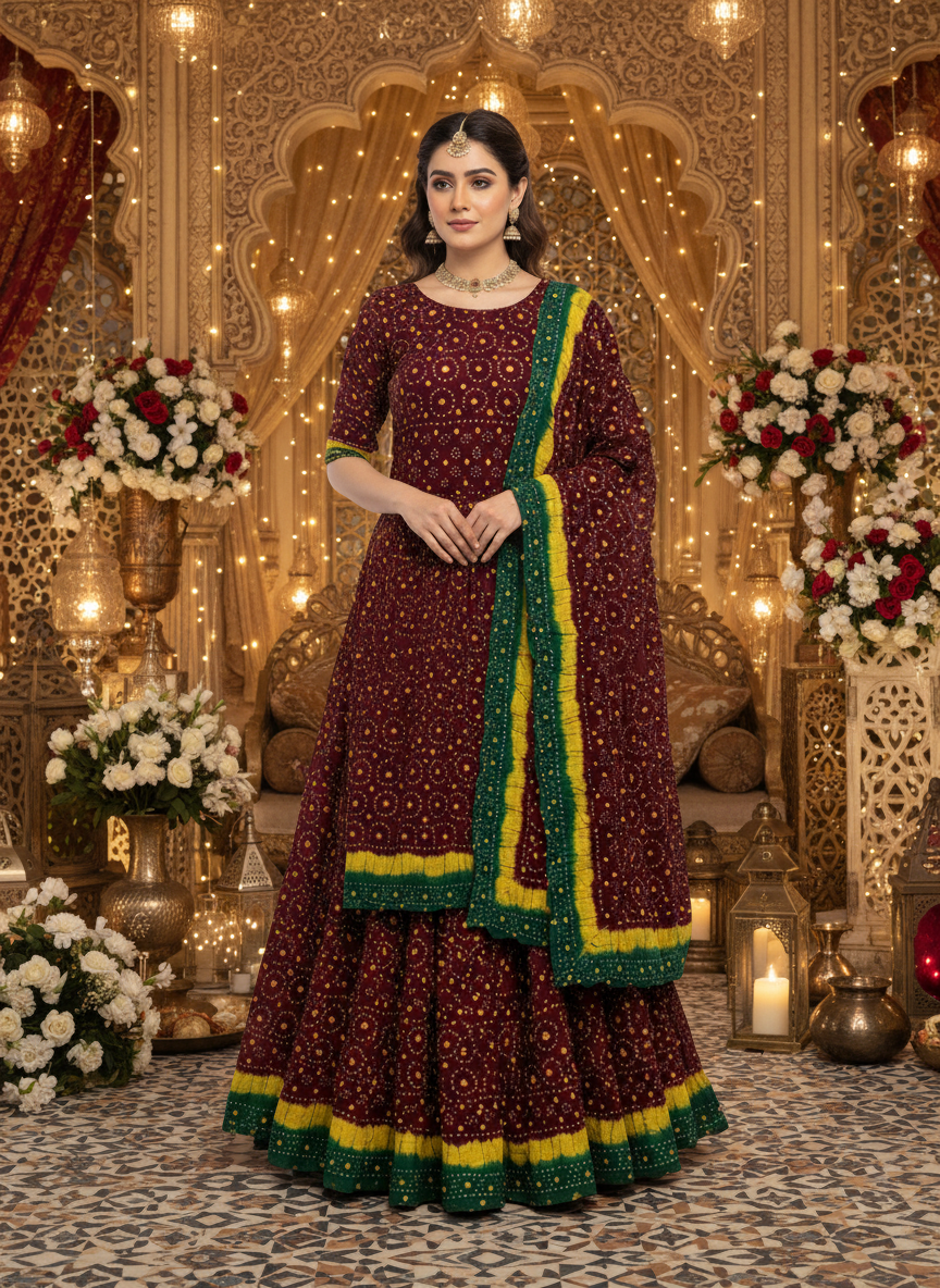 MAROON YELLOW GREEN LEHNGA SET, FRONT VIEW