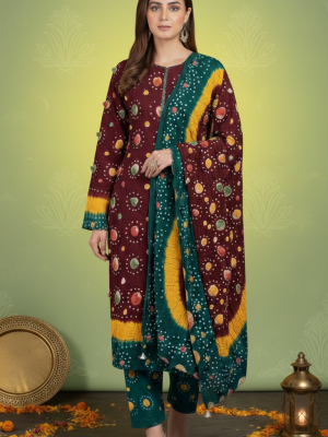 MAROON , YELLOW GREEN, LINEN 3PC SUIT, FRONT VIEW