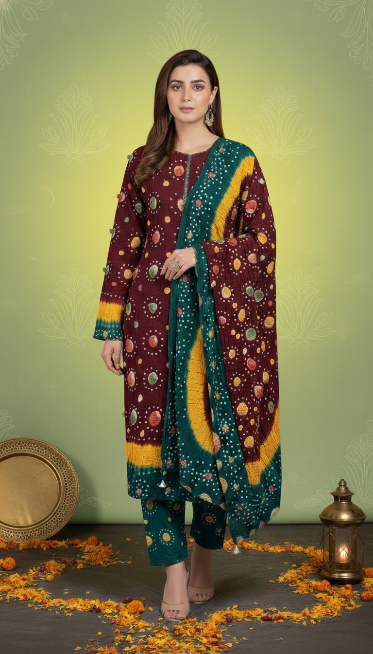 MAROON , YELLOW GREEN, LINEN 3PC SUIT, FRONT VIEW