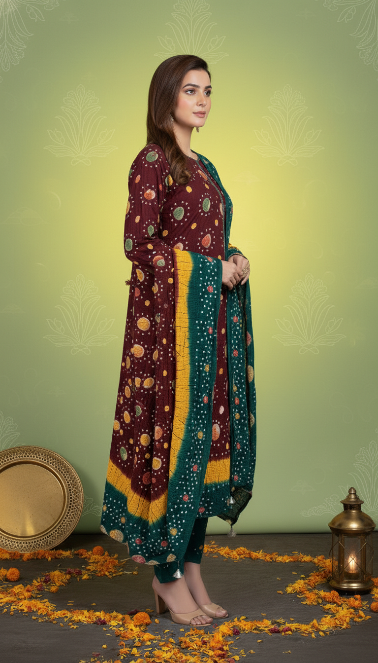 MAROON , YELLOW GREEN, LINEN 3PC SUIT, SIDE VIEW