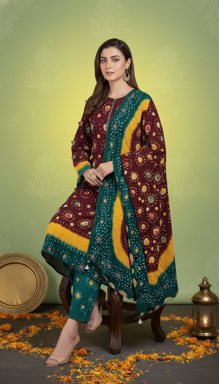 MAROON , YELLOW GREEN, LINEN 3PC SUIT, SITTING VIEW