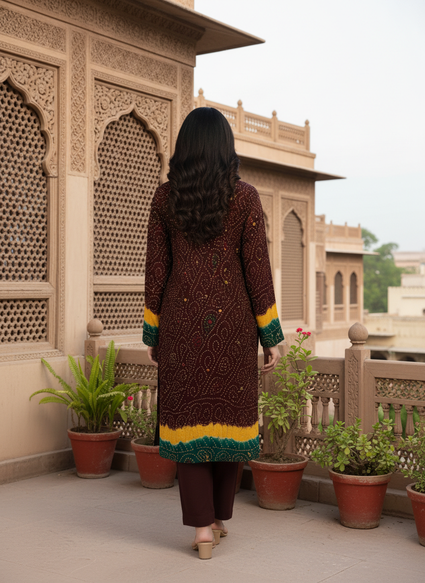 MAROON YELLOW GREEN, PREMIUM CHIFFON 3PC SUIT, BACK VIEW