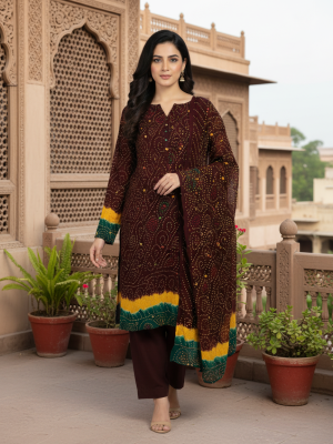 MAROON YELLOW GREEN, PREMIUM CHIFFON 3PC SUIT, FRONT VIEW