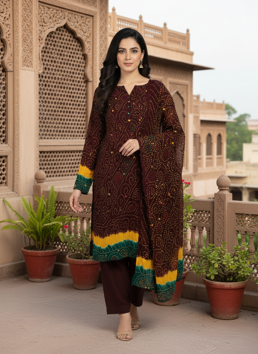 MAROON YELLOW GREEN, PREMIUM CHIFFON 3PC SUIT, FRONT VIEW