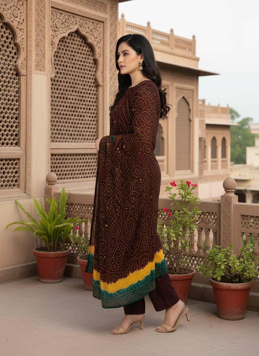 MAROON YELLOW GREEN, PREMIUM CHIFFON 3PC SUIT, SIDE VIEW