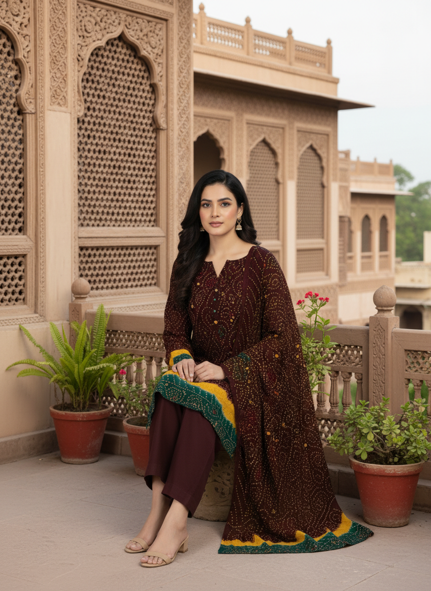 MAROON YELLOW GREEN, PREMIUM CHIFFON 3PC SUIT, SITTING VIEW