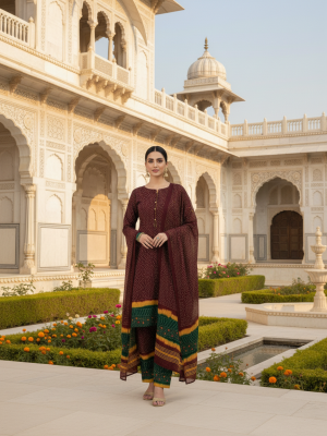 MAROON, YELLOW GREEN PREMIUM LINEN 3PC SUIT, FRONT VIEW