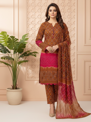 MUSTARD AND PINK CHIFFON 3PC SUIT, FRONT VIEW