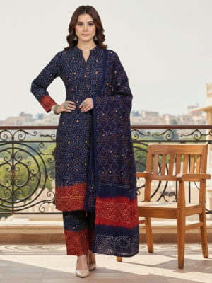 Navy Blue and Red Chiffon 3PC Suit - Unstitched Premium Dress