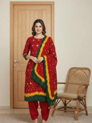 RED, YELLOW , GREEN LINEN 3 PC SUIT, FRONT VIEW