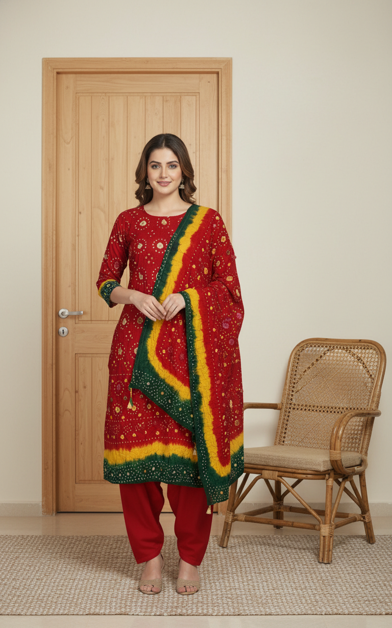 RED, YELLOW , GREEN LINEN 3 PC SUIT, FRONT VIEW