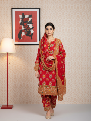 RED SKIN LINEN 3PC SUIT,FRONT VIEW