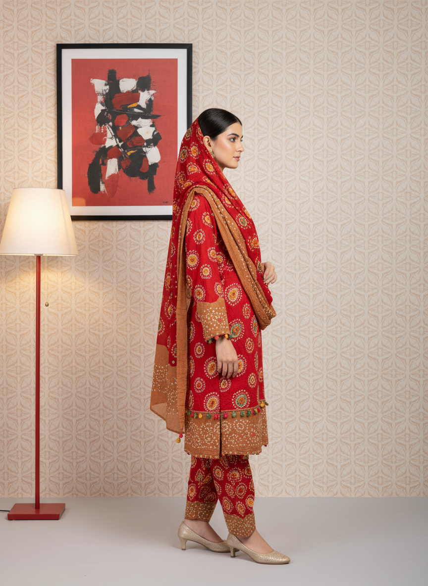 RED SKIN LINEN 3PC SUIT,SIDE POSE