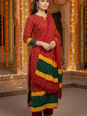 RED, YELLOW, GREEN, CHIFFON 3PC SUIT, FRONT VIEW