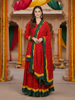 Exclusive Red, Yellow & Green Lehenga Set, Front Pose