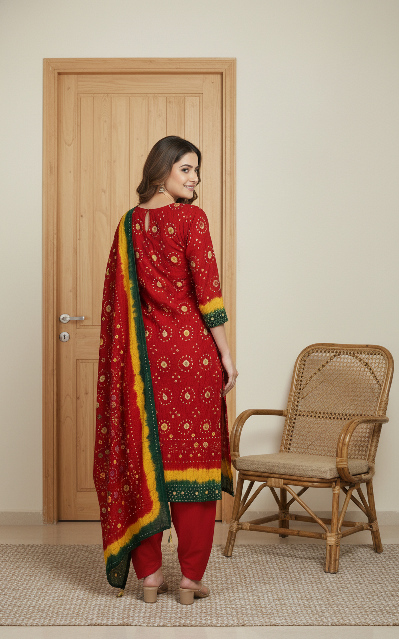 RED, YELLOW , GREEN LINEN 3 PC SUIT, BACK VIEW