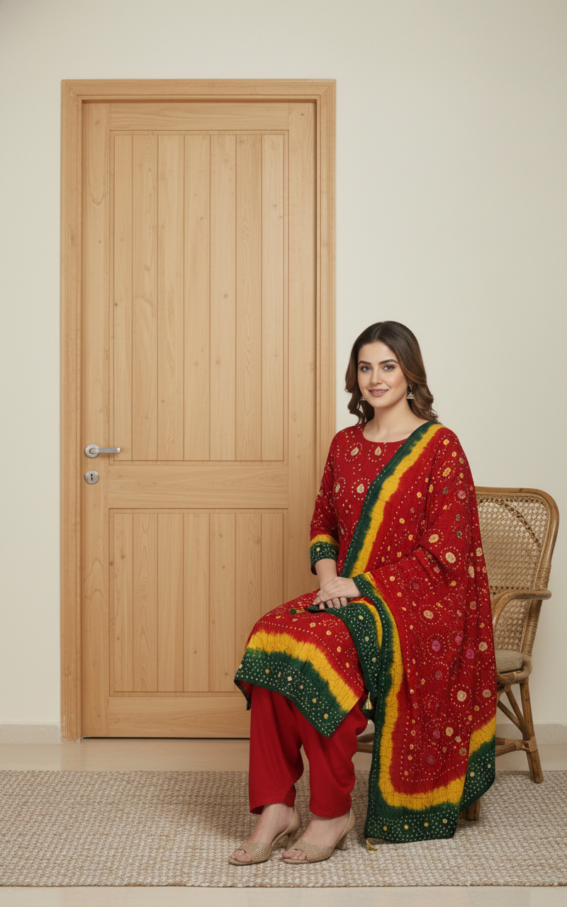 Red, Yellow & Green Linen 3PC Suit - Stylish Unstitched Dress - Image 2