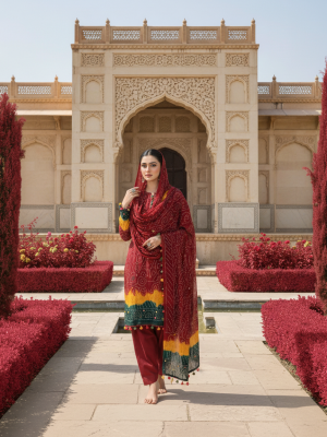 RED YELLOW GREEN PREMIUM CHIFFON 3PC SUIT, FRONT VIEW