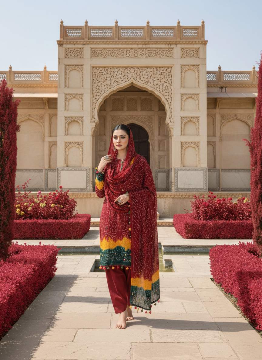 RED YELLOW GREEN PREMIUM CHIFFON 3PC SUIT, FRONT VIEW