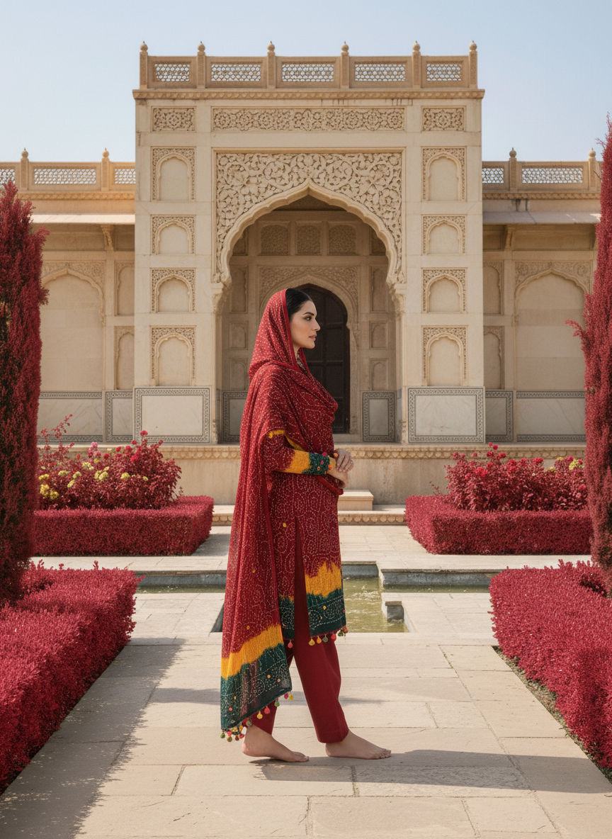 RED YELLOW GREEN PREMIUM CHIFFON 3PC SUIT, SIDE VIEW