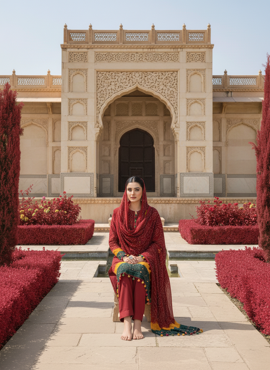 RED YELLOW GREEN PREMIUM CHIFFON 3PC SUIT, SITTING VIEW