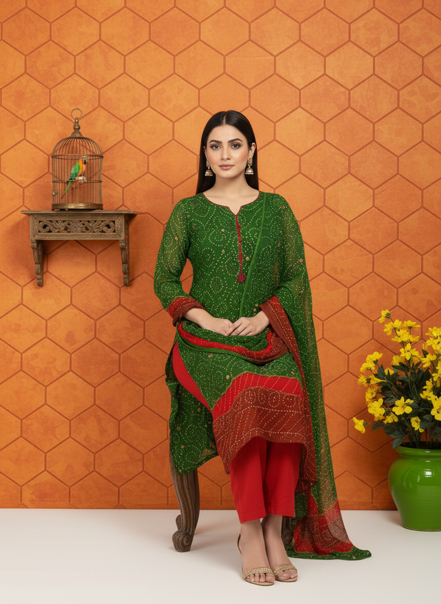 GREEN ORANGE RED PREMIUM CHIFFON 3PC SUIT, SITTING VIEW