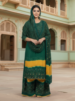YELLOW AND GREEN CHIFFON 3PC SUIT, FRONT VIEW